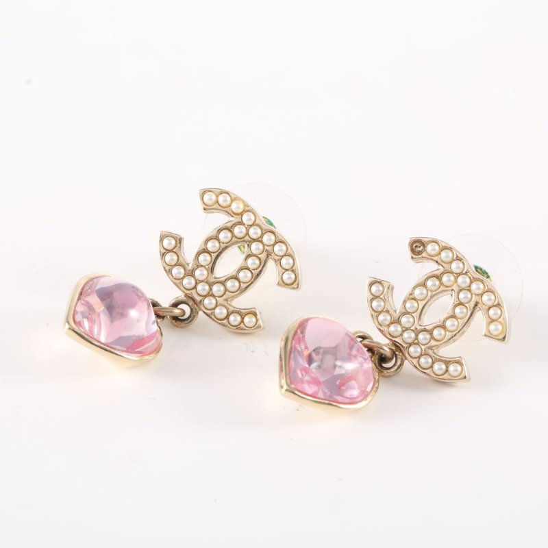 CHANEL 合金22B珍珠雙C粉鑽愛心耳環耳環-1