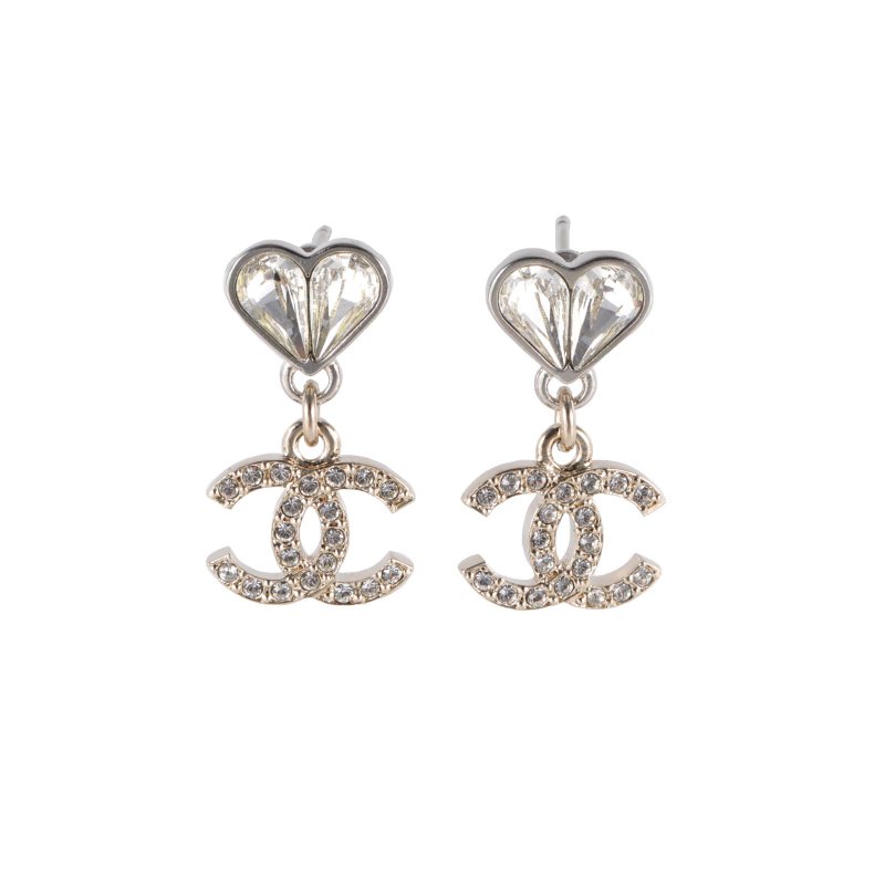CHANEL 合金23S愛心水鑽雙C吊墜耳釘耳環-0