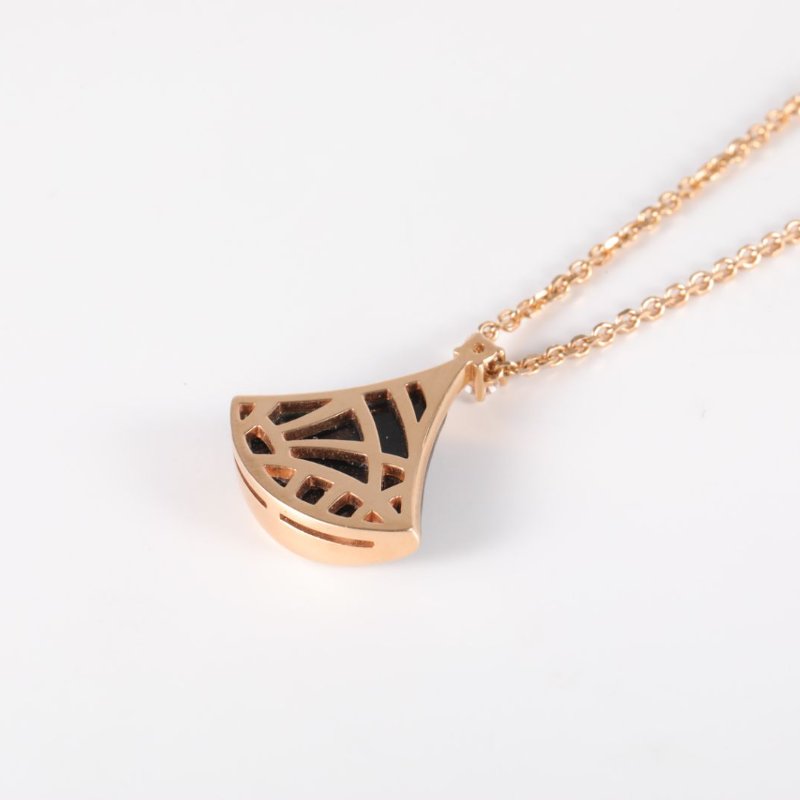 BVLGARI 18K玫瑰金鑽石縞瑪瑙玫瑰金扇子項鏈18K//項鍊-2