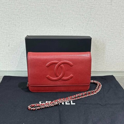 CHANEL 紅銀雙C大logo荔枝牛woc鏈條包 19*12*4 98新配件盒子塵袋