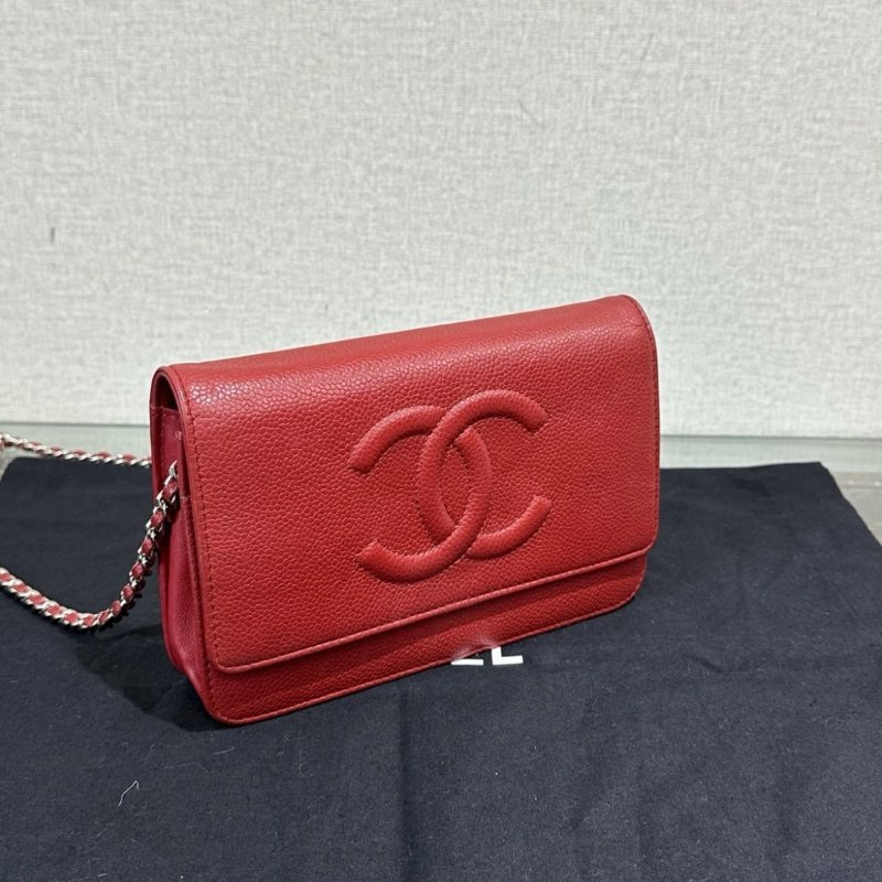 CHANEL 紅銀雙C大logo荔枝牛woc鏈條包 19*12*4 98新配件盒子塵袋-1