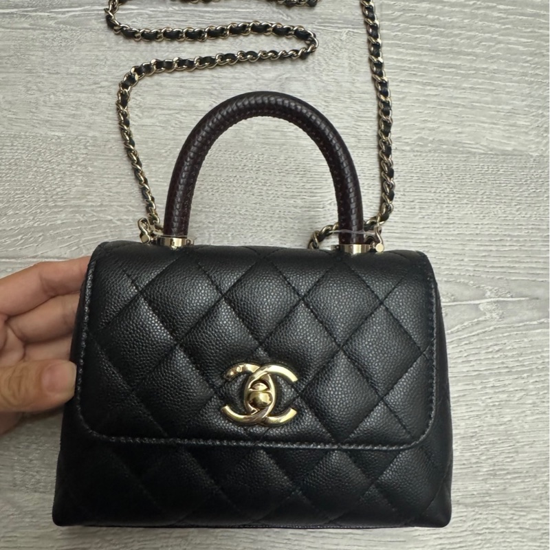 chanel coco handle 超迷你 黑淡金 酒紅堤把-5