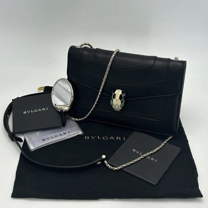 BVLGARI 黑色蛇頭鏈條肩背斜背包 22*15*4.5 98新配件塵袋鏡子-0