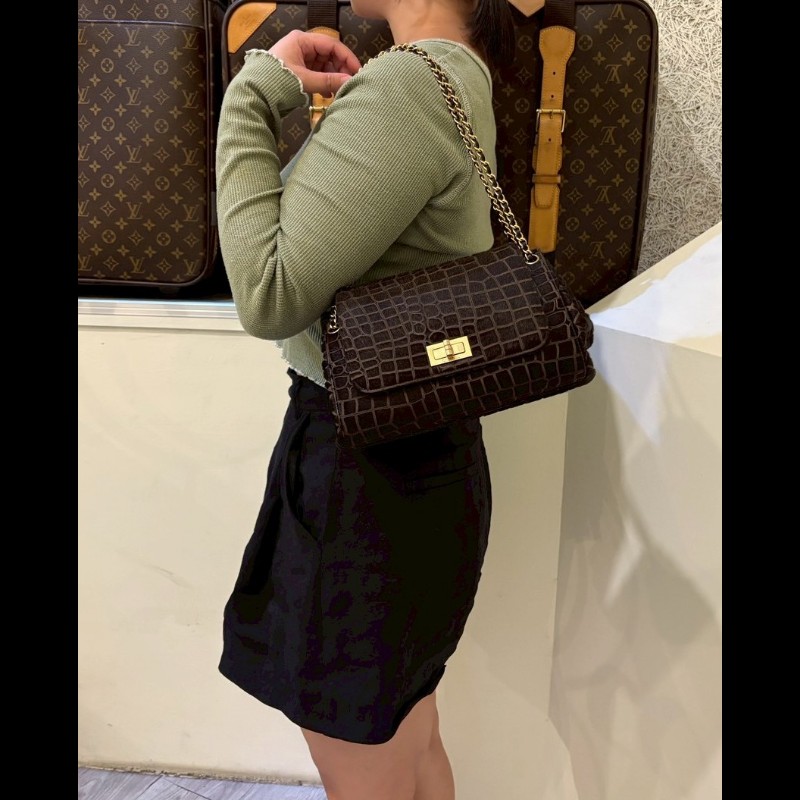 Chanel 金鍊深咖色馬毛鱷魚紋口蓋風琴包-2