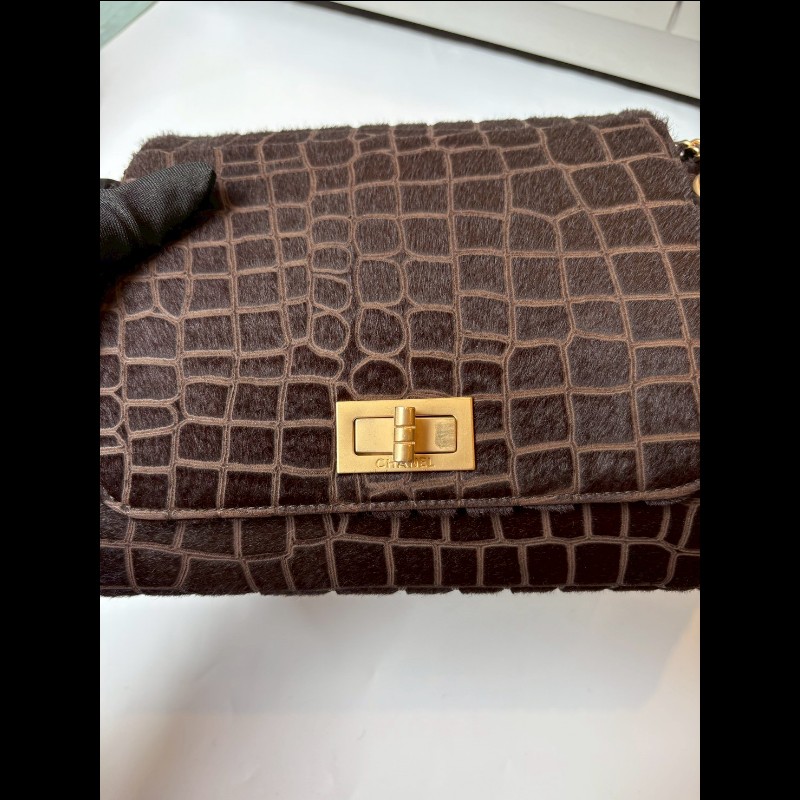 Chanel 金鍊深咖色馬毛鱷魚紋口蓋風琴包-3