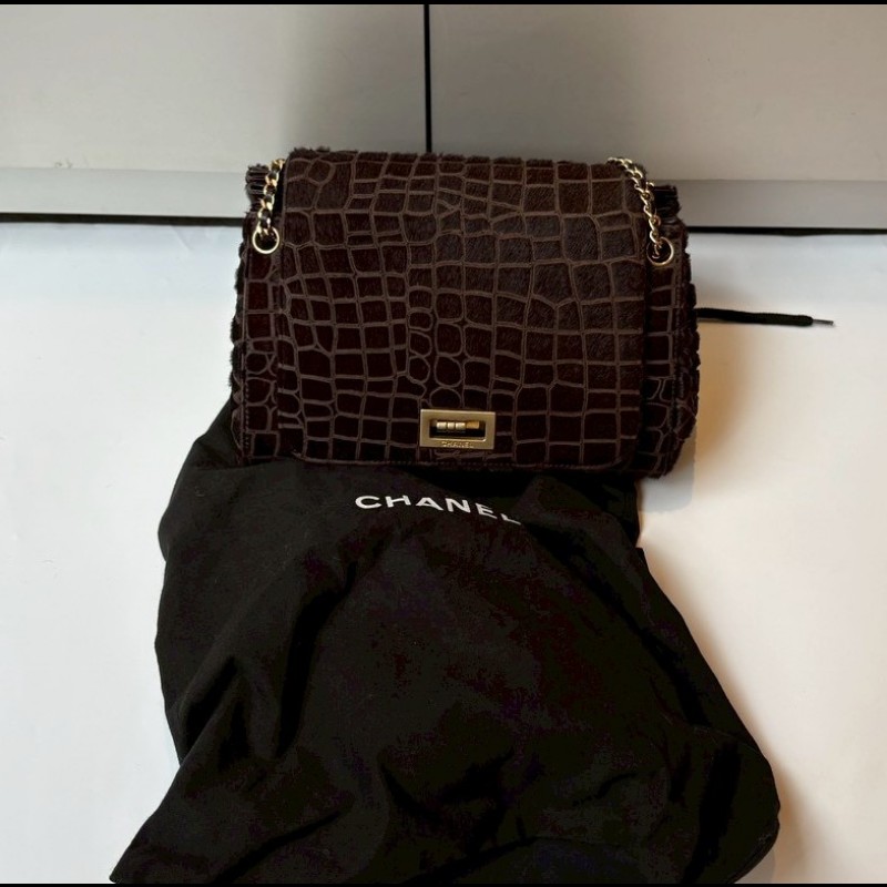 Chanel 金鍊深咖色馬毛鱷魚紋口蓋風琴包-4
