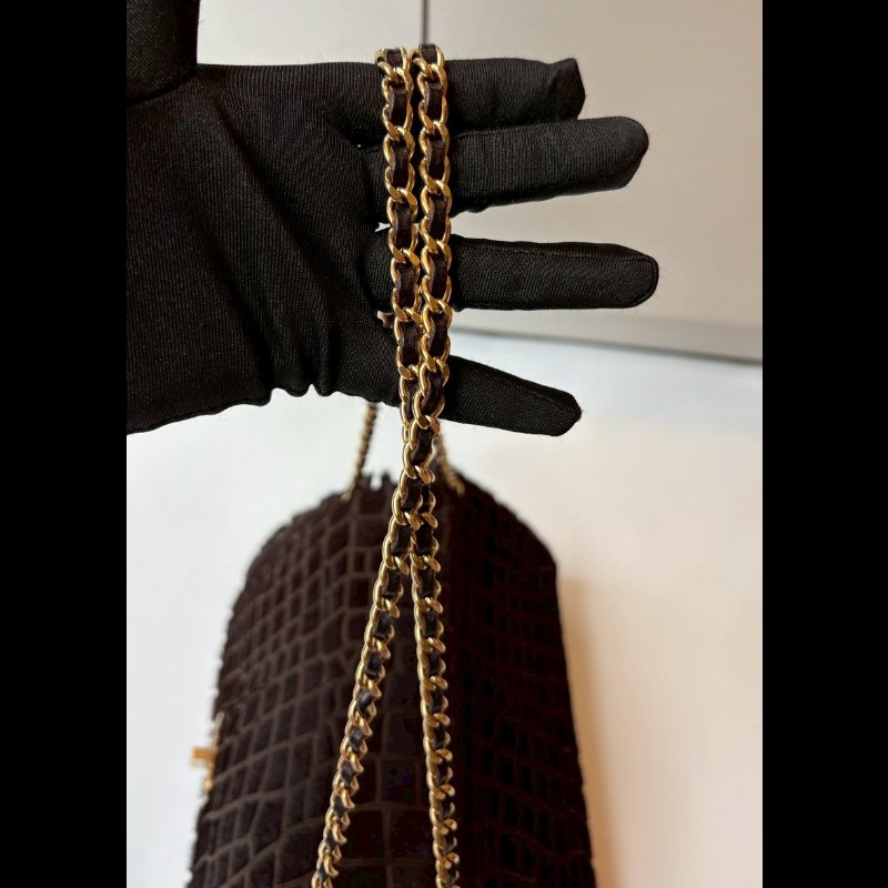 Chanel 金鍊深咖色馬毛鱷魚紋口蓋風琴包-5