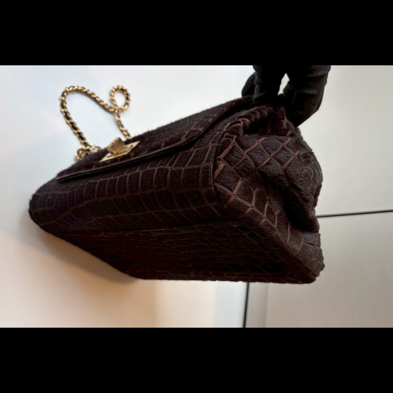 Chanel 金鍊深咖色馬毛鱷魚紋口蓋風琴包-6