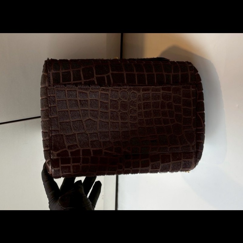 Chanel 金鍊深咖色馬毛鱷魚紋口蓋風琴包-7