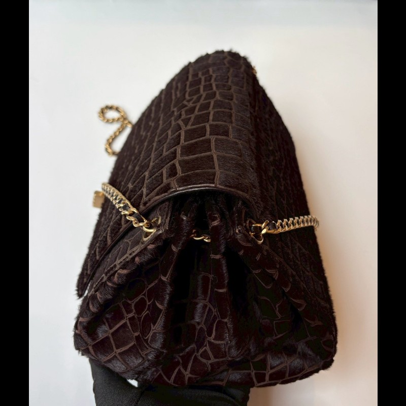 Chanel 金鍊深咖色馬毛鱷魚紋口蓋風琴包-8