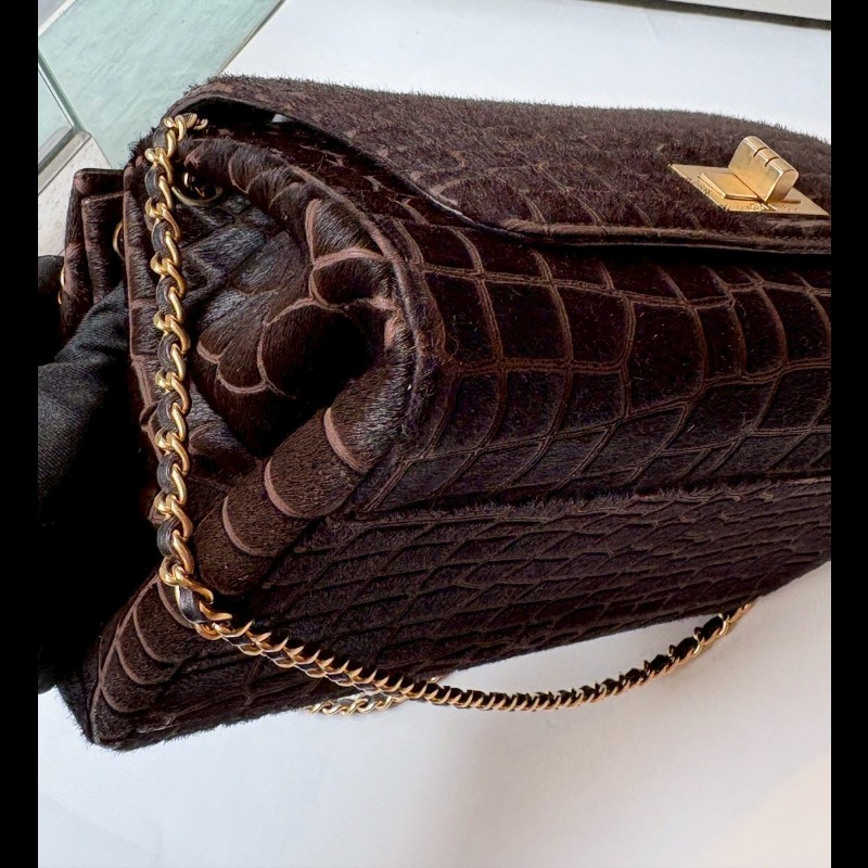 Chanel 金鍊深咖色馬毛鱷魚紋口蓋風琴包-9