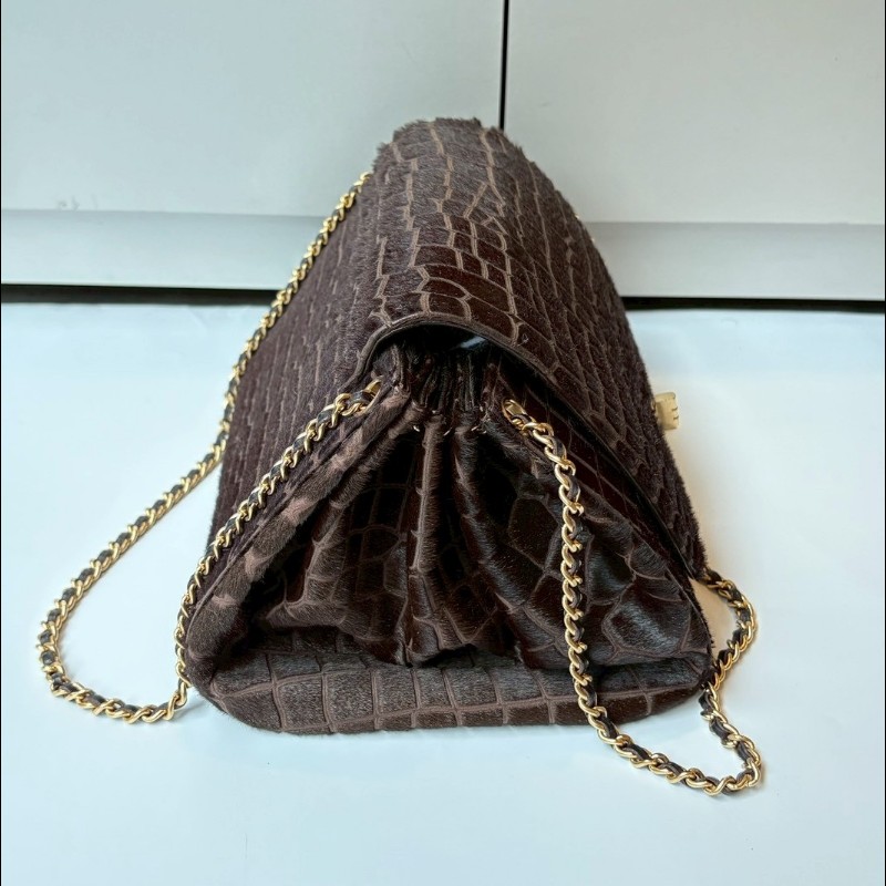 Chanel 金鍊深咖色馬毛鱷魚紋口蓋風琴包-10