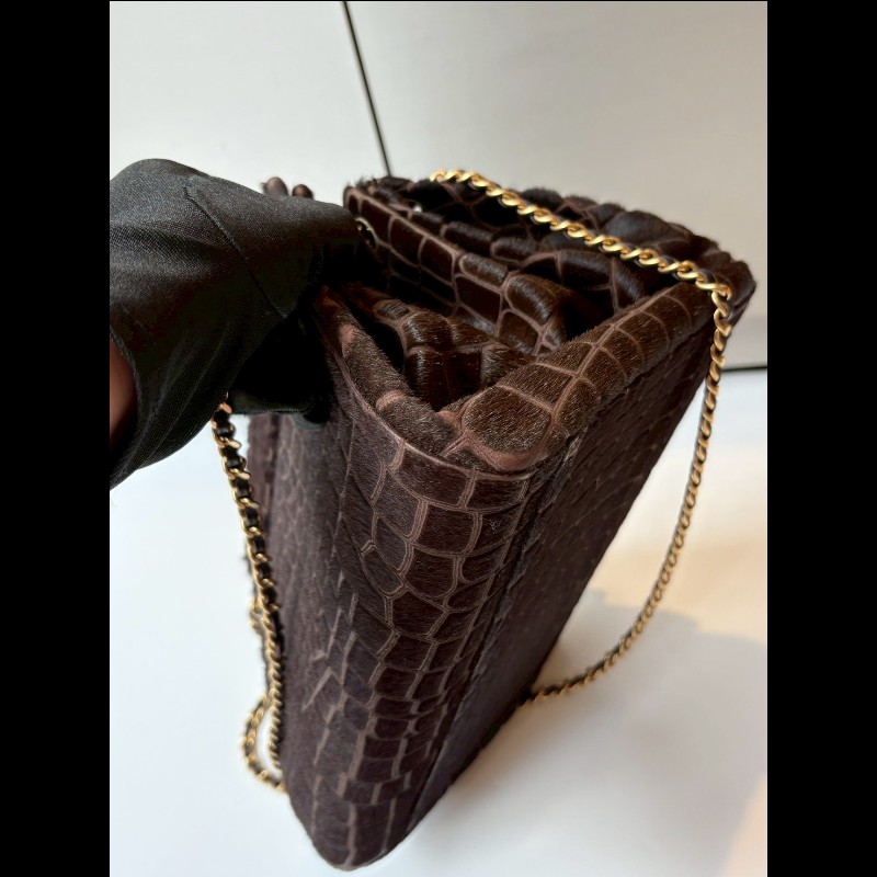 Chanel 金鍊深咖色馬毛鱷魚紋口蓋風琴包-13