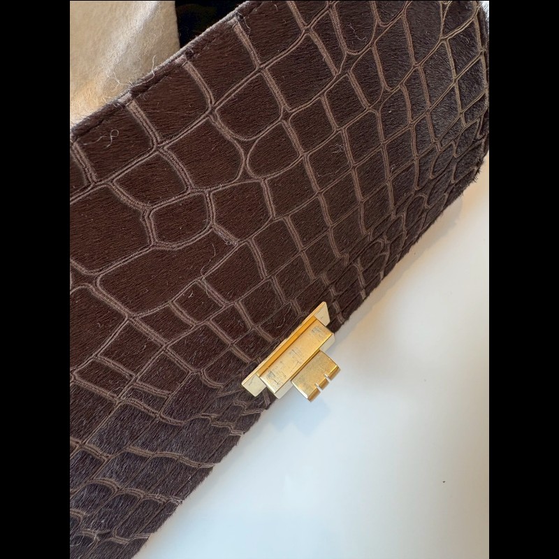 Chanel 金鍊深咖色馬毛鱷魚紋口蓋風琴包-15