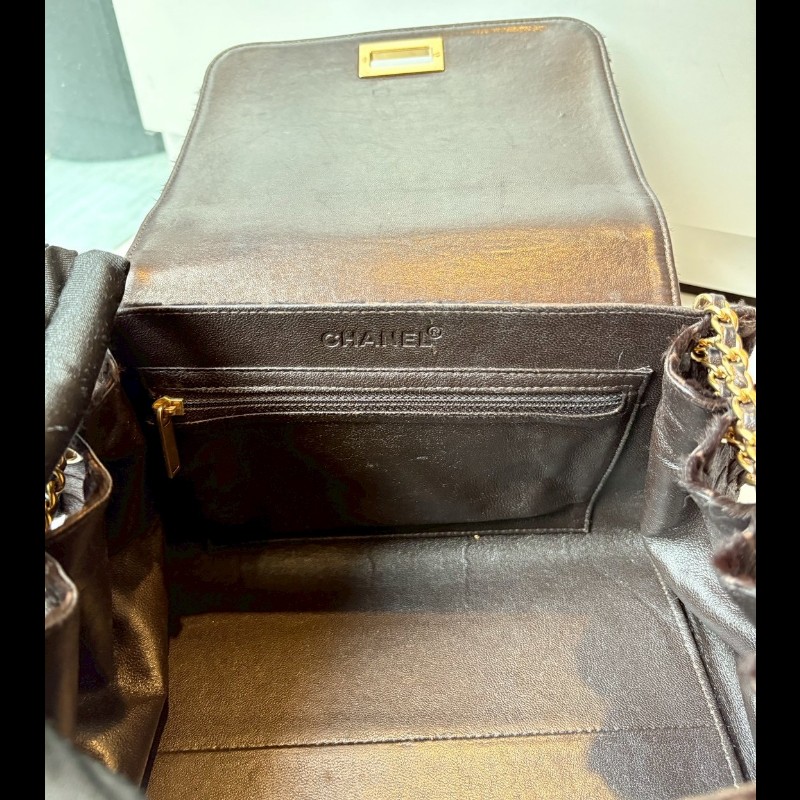 Chanel 金鍊深咖色馬毛鱷魚紋口蓋風琴包-16