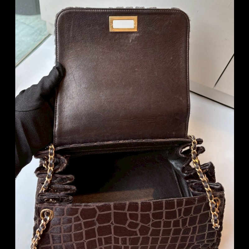 Chanel 金鍊深咖色馬毛鱷魚紋口蓋風琴包-18