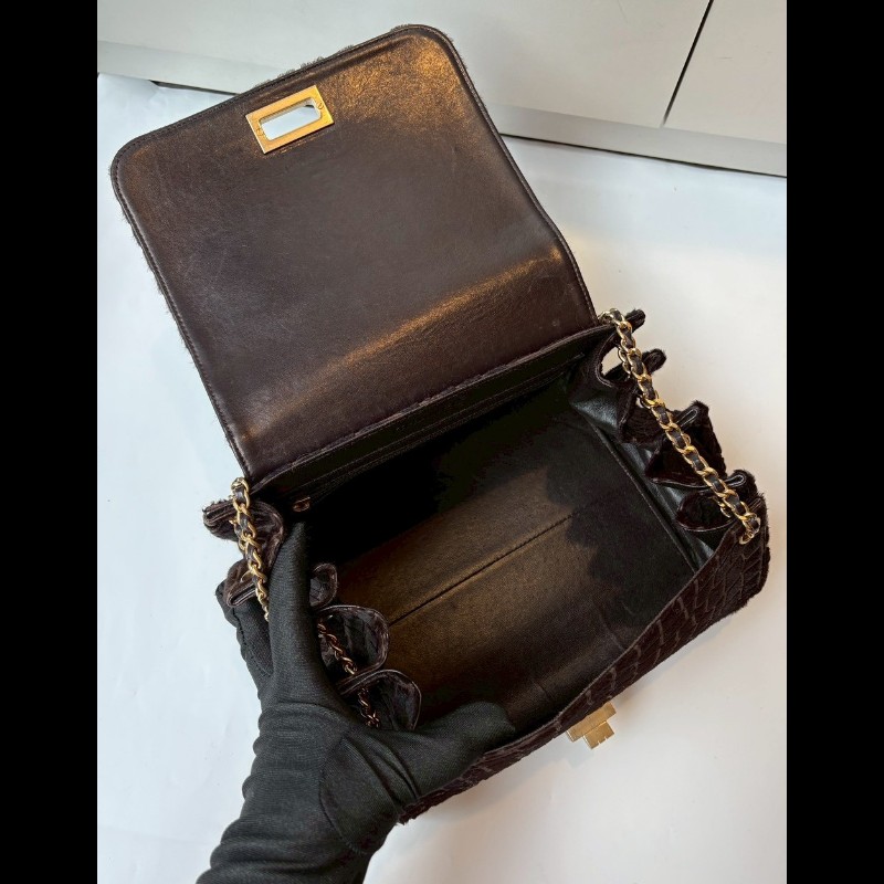 Chanel 金鍊深咖色馬毛鱷魚紋口蓋風琴包-20