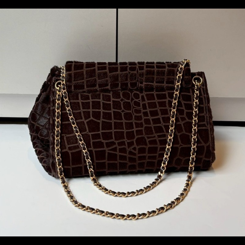 Chanel 金鍊深咖色馬毛鱷魚紋口蓋風琴包-23