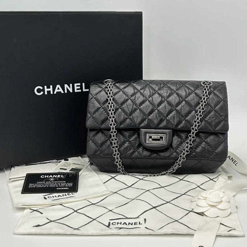 CHANEL 黑銀2.55小号肩背斜背鏈條包 24*16*6.5 98新配件盒子保卡塵袋-0