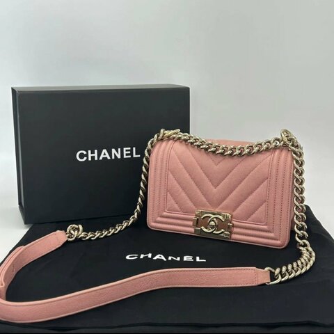 CHANEL 粉色金扣Leboy小號肩背斜背鏈條包 20.5*12*8.5 98新配件盒子塵袋