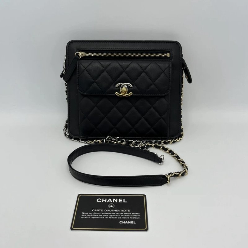 CHANEL 鴛鴦扣雙C鏈條肩背斜背包 18.5*15.5*4 98新配件保卡塵袋-0