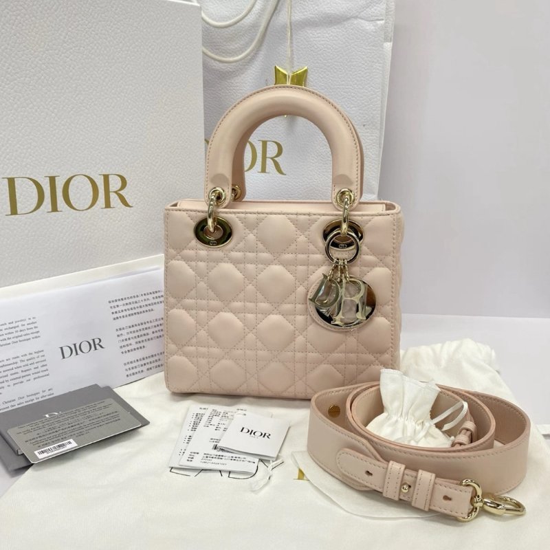 DIOR 新款四格櫻花粉金扣黛妃手提肩背斜背包 20*17*8 98新配件盒子塵袋保卡-0