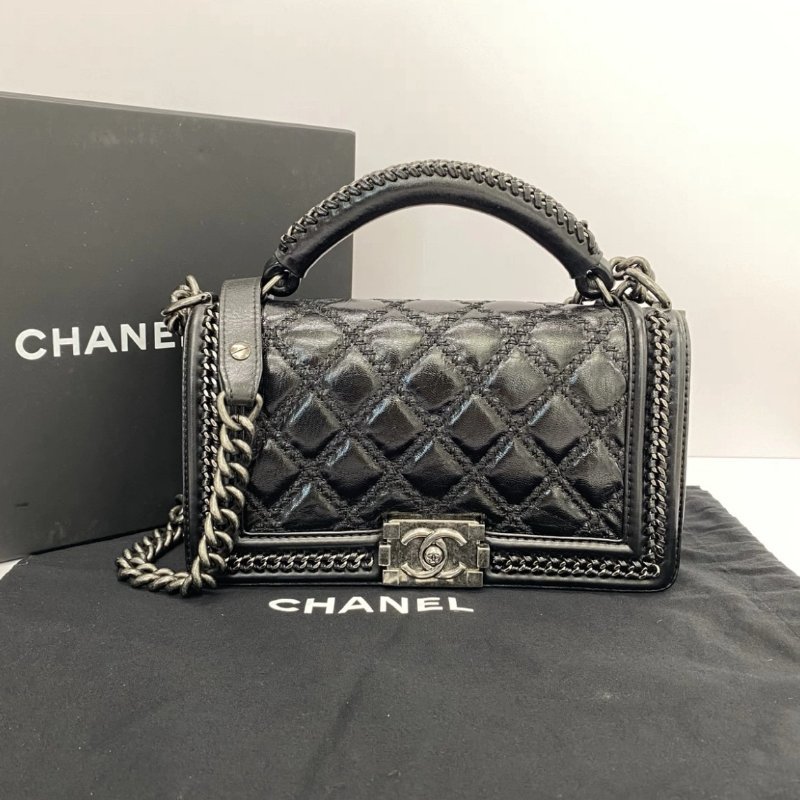 CHANEL 黑銀手柄 leboy中號手提斜背包25*14*7 98新配件盒子塵袋-0