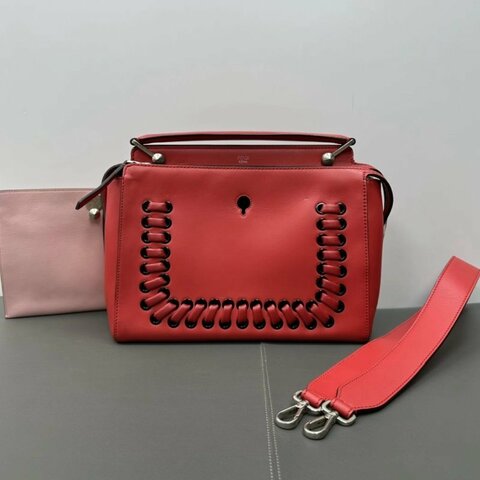 FENDI 紅色銀扣扣Dotcom Click編織手提斜背子母包 30*21*14 98新配件塵袋