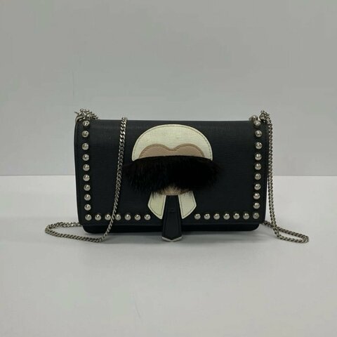 FENDI 小怪獸黑銀老佛爺卯釘woc鏈條肩背斜背包18.5*13*4.5 98新配件塵袋