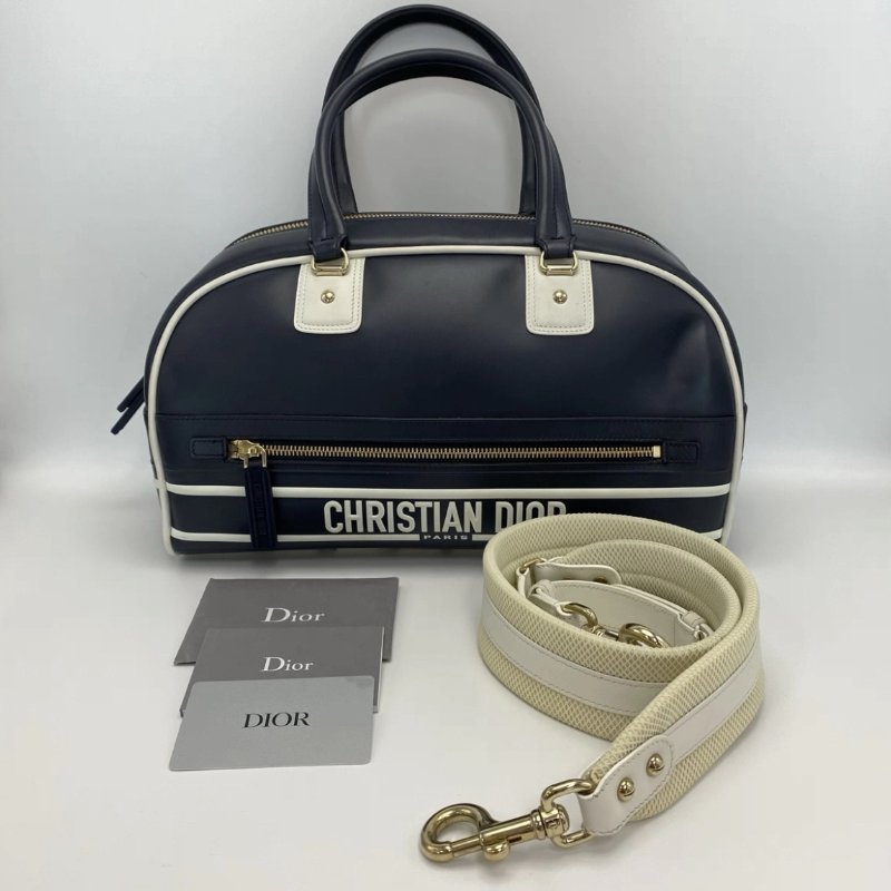 DIOR 黑白拼色光滑小牛皮手提肩背保齡球包34*18*15 98新配件保卡塵袋-0