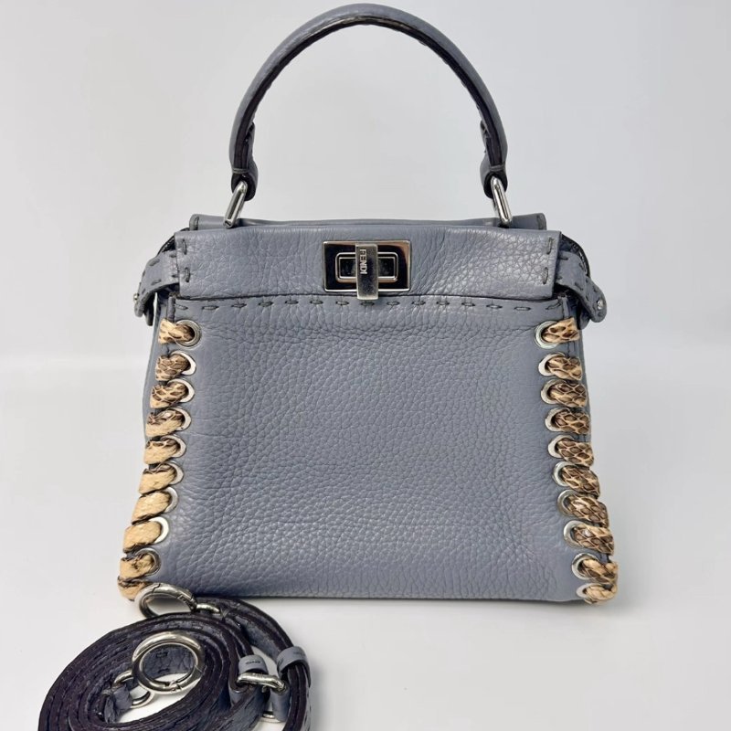 FENDI 霧霾藍Peekaboo小號蛇皮手提斜背包 24*18*11 98新配件塵袋-0