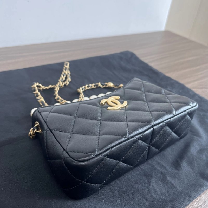 CHANEL 24a黑金羊皮珍珠手柄鏈條腋下包 19*11*6 全新閒置配件塵袋-2