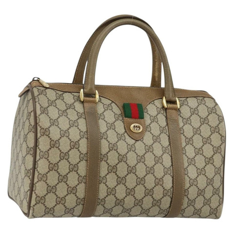 GUCCI GG Supreme Web Sherry Line 波士頓包 PVC 米色 金色 40 02 007 正品 144173