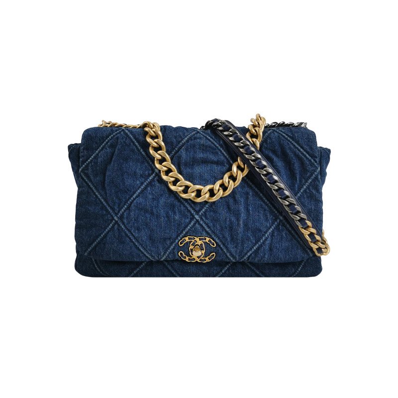 Chanel 19 Bag Maxi 牛皮牛仔布菱格絎縫穿皮雙扣單肩包-0
