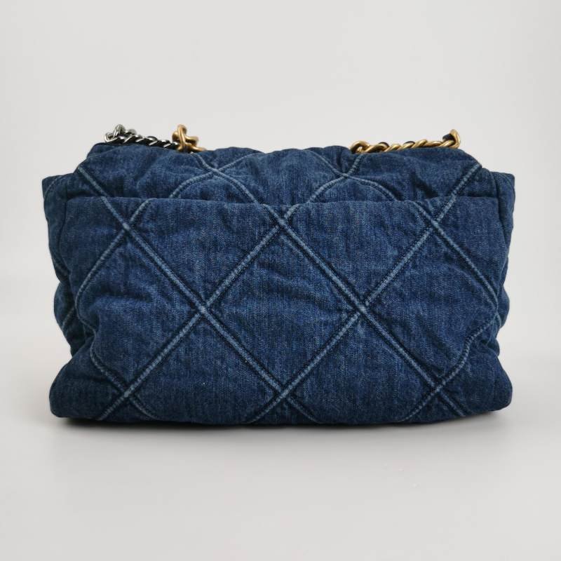 Chanel 19 Bag Maxi 牛皮牛仔布菱格絎縫穿皮雙扣單肩包-4