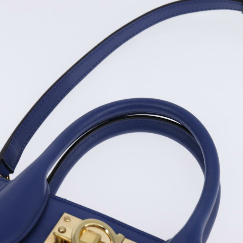 【日本直送】Salvatore Ferragamo Gancini Studio 手提包 皮革 2way 藍色金色 Auth 144870-13