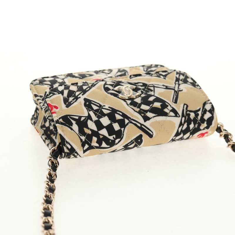 【日本直送】香奈兒鏈條方格紋絎縫手提包，緞面米色，金色雙C標誌，貨號145708A-5