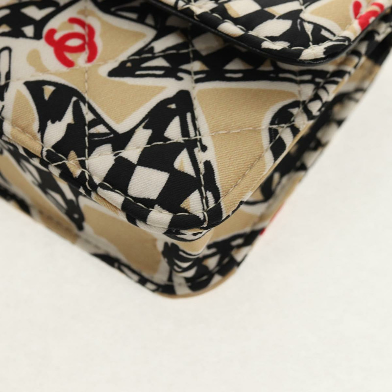 【日本直送】香奈兒鏈條方格紋絎縫手提包，緞面米色，金色雙C標誌，貨號145708A-16