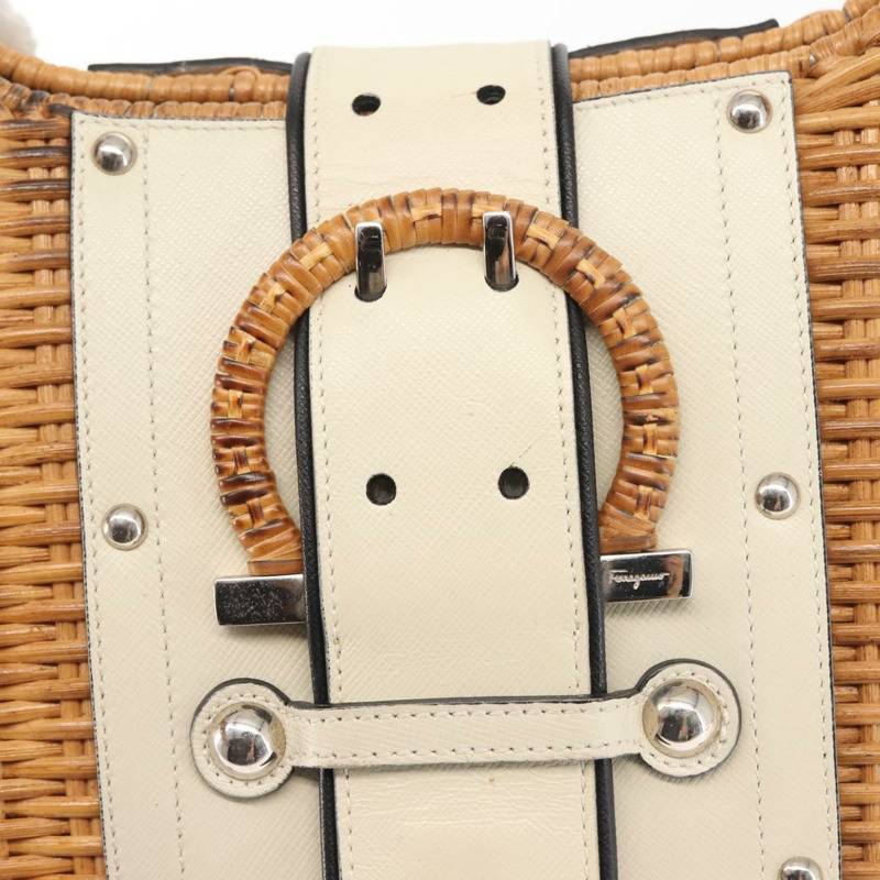 【日本直送】Salvatore Ferragamo Gancini 手提包 藤編棕色 銀色 正品 145756-9