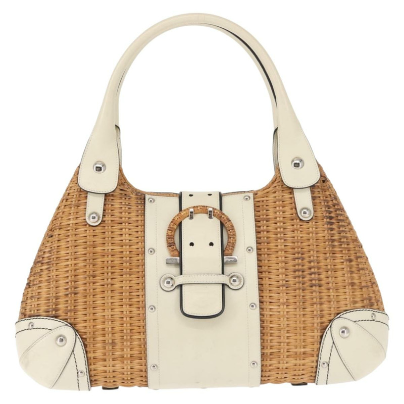 【日本直送】Salvatore Ferragamo Gancini 手提包 藤編棕色 銀色 正品 145756-12