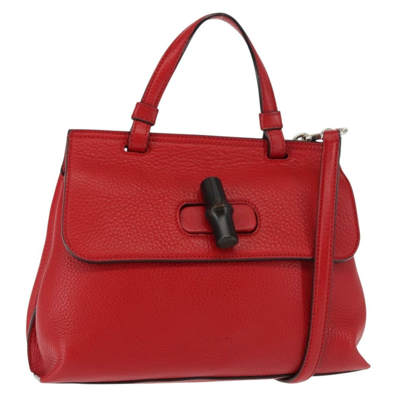【日本直送】GUCCI 竹節手提包 皮革 兩用 紅色 銀色 370831 正品 145950-0