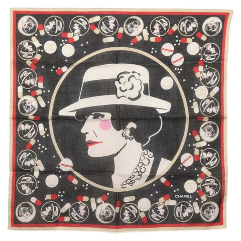 香奈兒 COCO 標誌絲巾 棉質 黑色 CC Auth sw1610