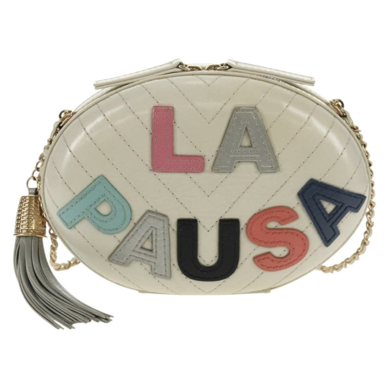 【日本直送】香奈兒 V 字縫線鏈單肩包 白色皮革 金色 CC 標誌 Auth 146360A-12