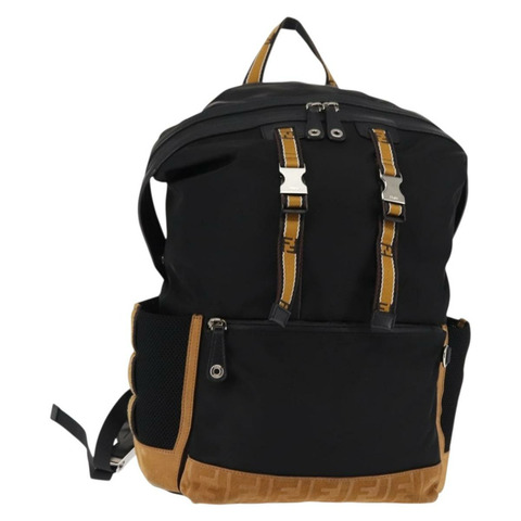 FENDI Zucca帆布雙肩包 黑色 銀色 Auth hk3119