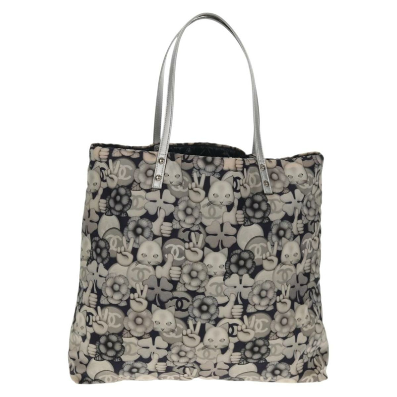 【日本直送】香奈兒 COCO 標誌手提包 尼龍 海軍藍 灰色 CC 正品 145888A-1