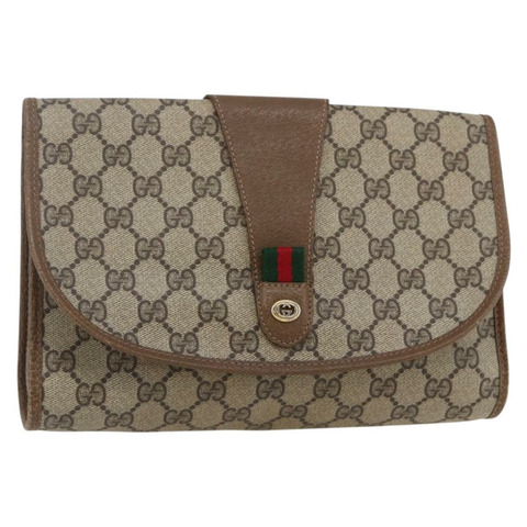 GUCCI GG Supreme Web Sherry Line 手拿包 PVC 米色 紅色 89 01 030 正品 145877