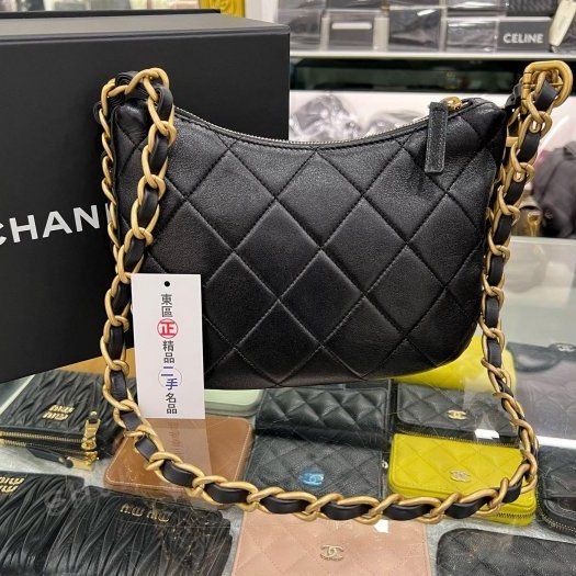 東區正精品㊣CHANEL 23K AS4443 HOBO BAG 近全新香奈兒黑色菱格紋羊皮金鍊肩背包 RZ6018-8