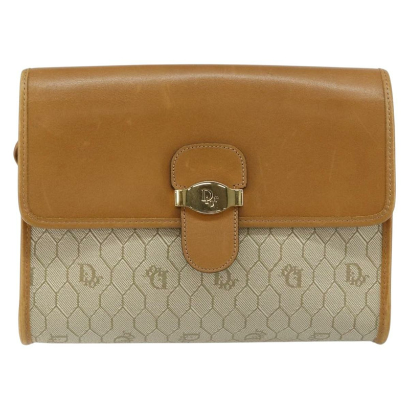 【日本直送】Christian Dior 蜂巢帆布肩背包 PVC 皮革 米色 金色 正品 BA7080-12