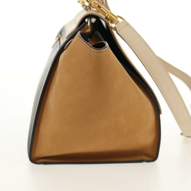 【日本直送】CELINE Trapeze 手提包 皮革絨面革 2way 米色 黑色 金色 Auth BA7053-3