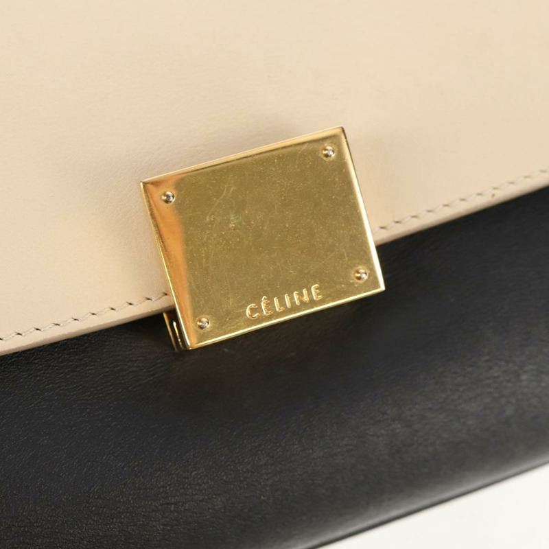 【日本直送】CELINE Trapeze 手提包 皮革絨面革 2way 米色 黑色 金色 Auth BA7053-22